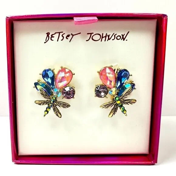 BETSEY JOHNSON Dragonfly Earrings "Buggin Out" Studs Rhinestones w/Gift Box NEW - Picture 2 of 6